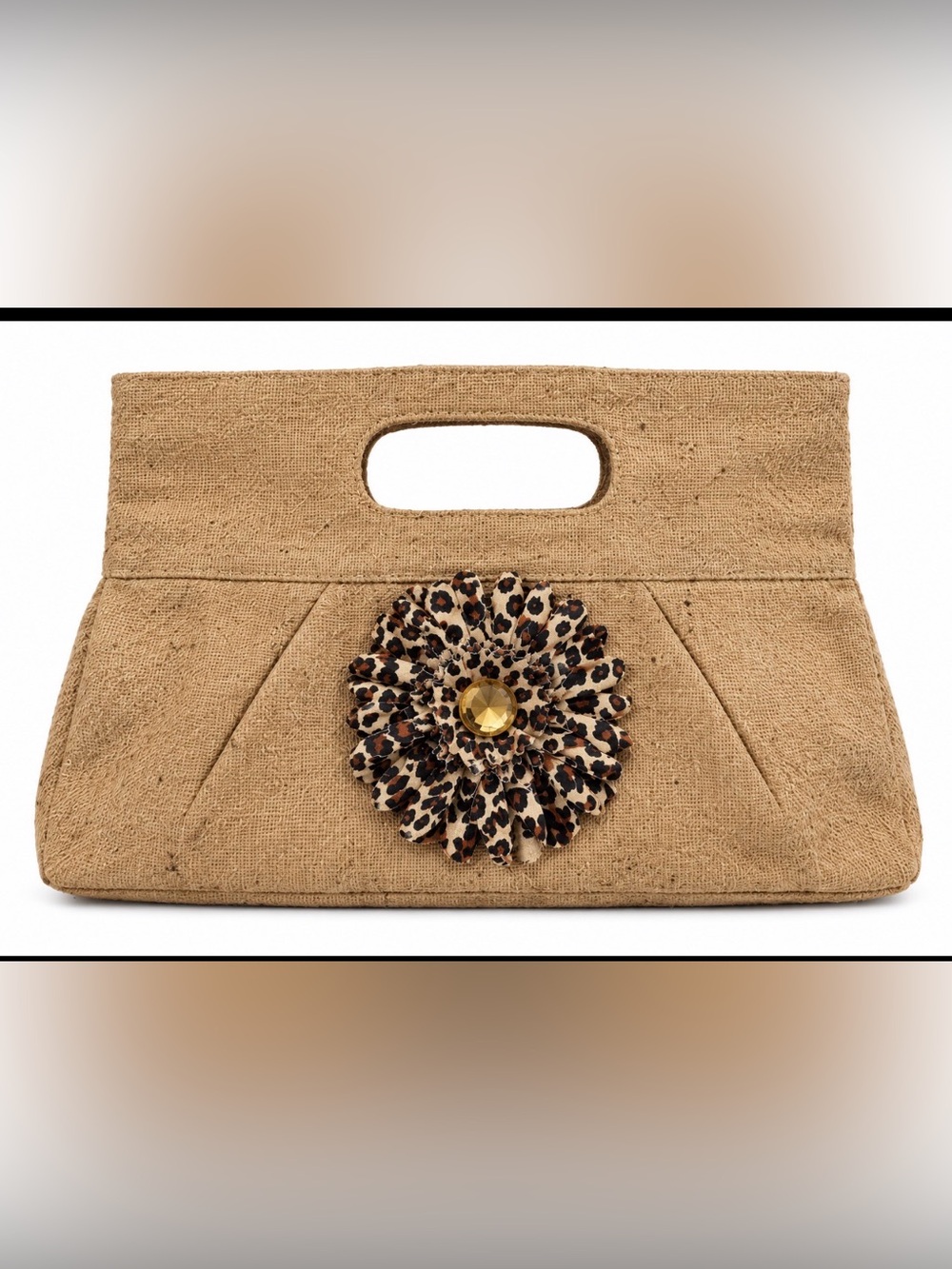 Leopard Floral Accent Natural jute Clutch Handbag